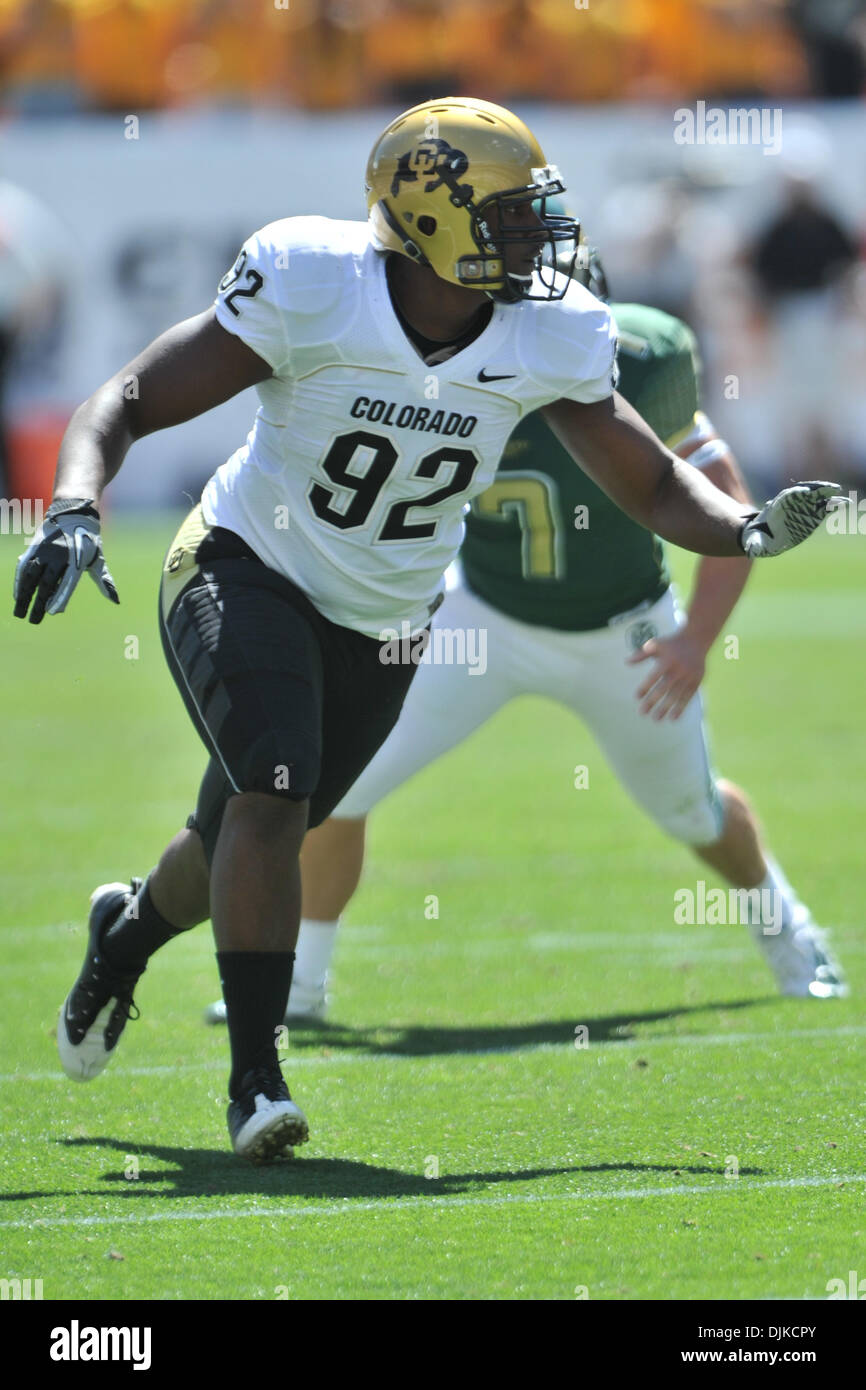 Sep. 04, 2010 - Denver, Colorado, United States of America - Colorado Buffaloes defensive end Forrest West (92) in game action during Rocky Mountain Showdown game between the Colorado State Rams and the Colorado Buffaloes at Invesco Field at Mile High. Colorado defeated Colorado State by a score of 24-3. (Credit Image: © Andrew Fielding/Southcreek Global/ZUMApress.com) Stock Photo