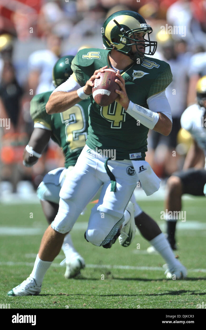 Sep. 04, 2010 - Denver, Colorado, United States of America - Colorado State Rams quarterback Pete Thomas (4) looks for an open receiver during Rocky Mountain Showdown game between the Colorado State Rams and the Colorado Buffaloes at Invesco Field at Mile High. Colorado defeated Colorado State by a score of 24-3. (Credit Image: © Andrew Fielding/Southcreek Global/ZUMApress.com) Stock Photo