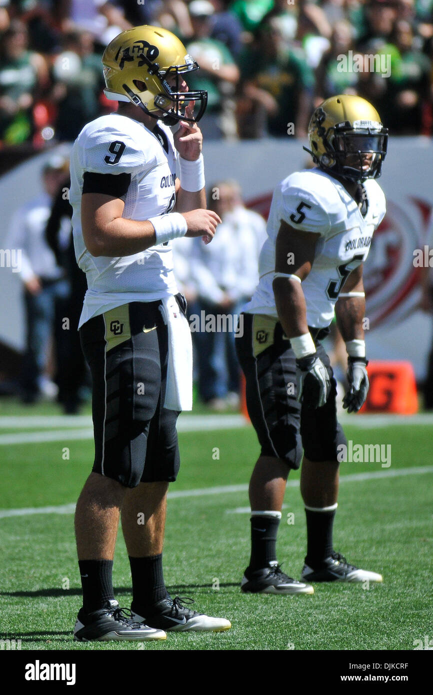 Sep. 04, 2010 - Denver, Colorado, United States of America - Colorado Buffaloes quarterback Tyler Hansen (9) and Colorado Buffaloes running back Rodney Stewart (5) prepare for the snap during Rocky Mountain Showdown game between the Colorado State Rams and the Colorado Buffaloes at Invesco Field at Mile High. Colorado defeated Colorado State by a score of 24-3. (Credit Image: © And Stock Photo