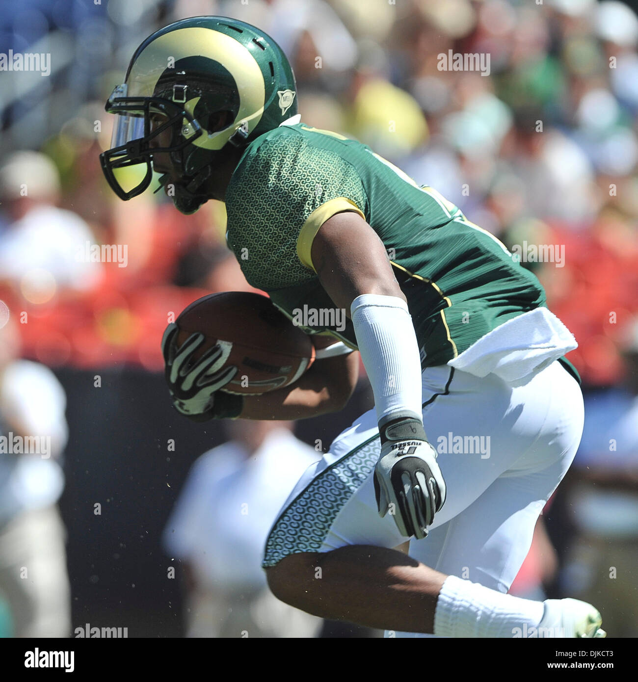 Sep. 04, 2010 - Denver, Colorado, United States of America - Colorado State Rams cornerback Momo Thomas (5) returns a kick during Rocky Mountain Showdown game between the Colorado State Rams and the Colorado Buffaloes at Invesco Field at Mile High. Colorado defeated Colorado State by a score of 24-3. (Credit Image: © Andrew Fielding/Southcreek Global/ZUMApress.com) Stock Photo