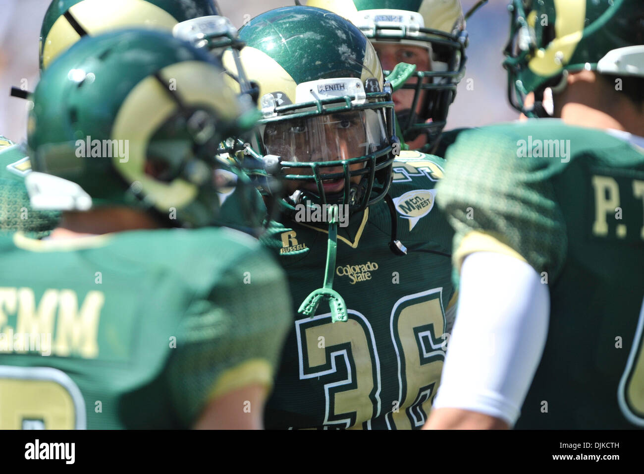 Sep. 04, 2010 - Denver, Colorado, United States of America - Colorado State Rams full back  Zac Pauga (36) in the huddle during Rocky Mountain Showdown game between the Colorado State Rams and the Colorado Buffaloes at Invesco Field at Mile High. Colorado defeated Colorado State by a score of 24-3. (Credit Image: © Andrew Fielding/Southcreek Global/ZUMApress.com) Stock Photo