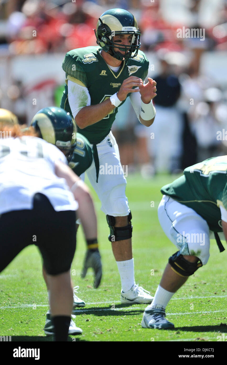 Sep. 04, 2010 - Denver, Colorado, United States of America - Colorado State Rams quarterback Pete Thomas (4) waits for the snap during the Rocky Mountain Showdown game between the Colorado State Rams and the Colorado Buffaloes at Invesco Field at Mile High. Colorado defeated Colorado State by a score of 24-3. (Credit Image: © Andrew Fielding/Southcreek Global/ZUMApress.com) Stock Photo