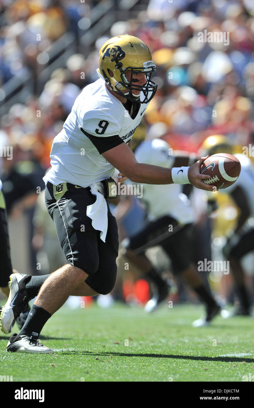 Sep. 04, 2010 - Denver, Colorado, United States of America - Colorado Buffaloes quarterback Tyler Hansen (9) prepares to hand the ball off during the second half of the Rocky Mountain Showdown game between the Colorado State Rams and the Colorado Buffaloes at Invesco Field at Mile High. Colorado defeated Colorado State by a score of 24-3. (Credit Image: © Andrew Fielding/Southcreek Stock Photo