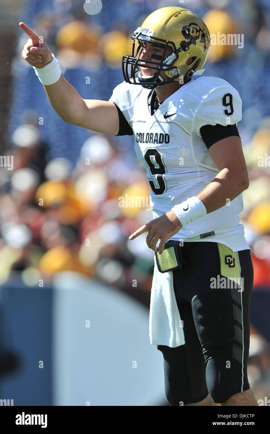 Sep. 04, 2010 - Denver, Colorado, United States of America - Colorado Buffaloes quarterback Tyler Hansen (9) points to a receiver during the Rocky Mountain Showdown game between the Colorado State Rams and the Colorado Buffaloes at Invesco Field at Mile High. Colorado defeated Colorado State by a score of 24-3. (Credit Image: © Andrew Fielding/Southcreek Global/ZUMApress.com) Stock Photo