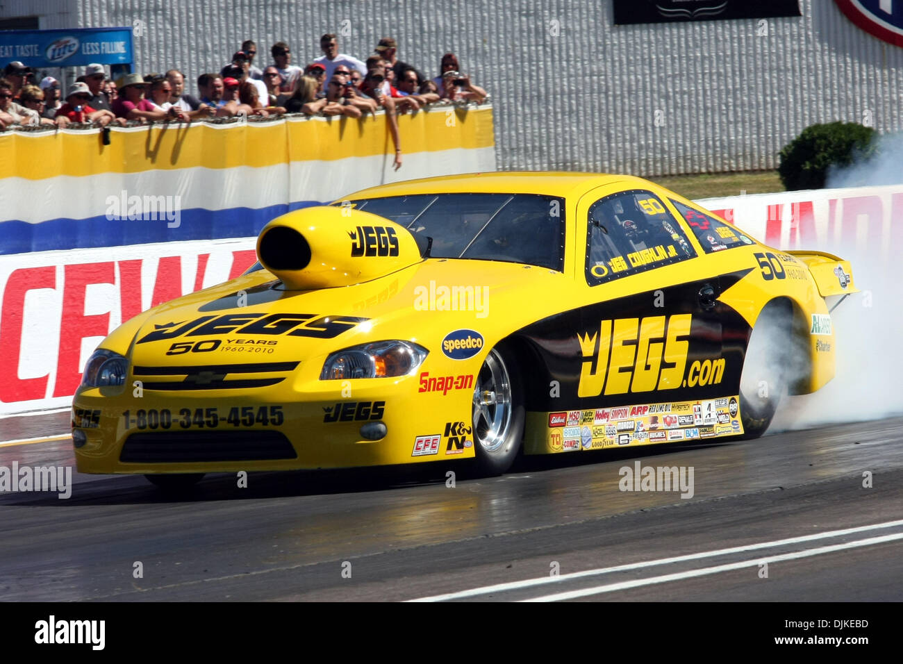 Sept. 4, 2010 - Indianapolis, Indiana, United States of America - 04 September2010: Jeg Coughlin, Jr. does a burnout. The U.S. Nationals were held at O'Reilly Raceway Park in Indianapolis, Indiana. (Credit Image: © Alan Ashley/Southcreek Global/ZUMApress.com) Stock Photo