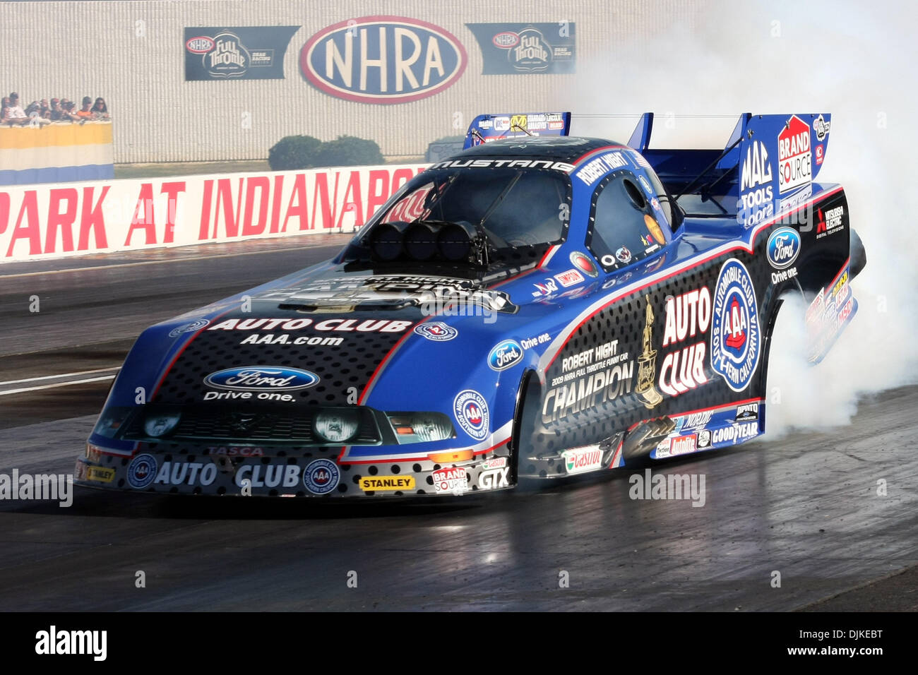 Sept. 4, 2010 - Indianapolis, Indiana, United States of America - 04 September2010: Robert Hight does a burnout in his Ford Mustang. The U.S. Nationals were held at O'Reilly Raceway Park in Indianapolis, Indiana. (Credit Image: © Alan Ashley/Southcreek Global/ZUMApress.com) Stock Photo