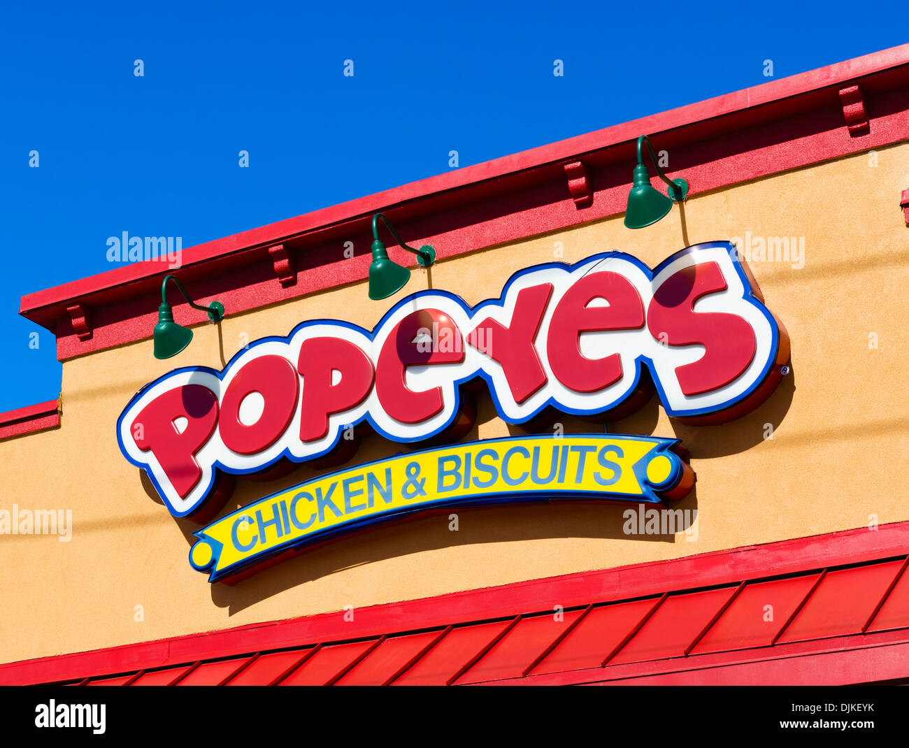 Popeye's Chicken and Biscuits restaurant sign, International Drive, Orlando, Central Florida, USA Stock Photo