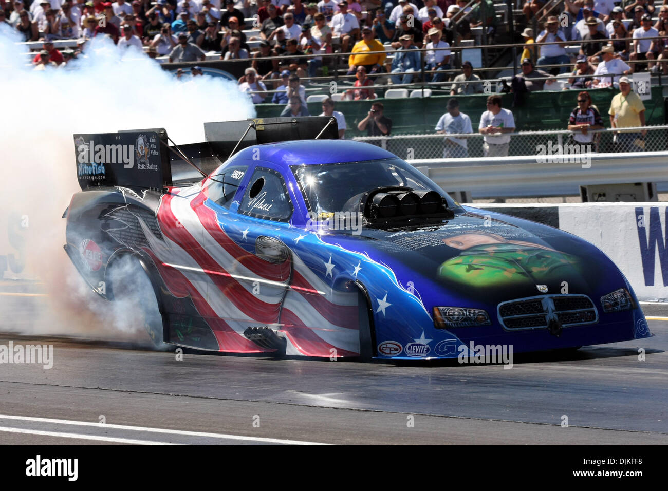 Sept. 5, 2010 - Indianapolis, Indiana, United States of America - 05 September2010: Melanie Troxel does a burnout. The U.S. Nationals were held at O'Reilly Raceway Park in Indianapolis, Indiana. (Credit Image: © Alan Ashley/Southcreek Global/ZUMApress.com) Stock Photo