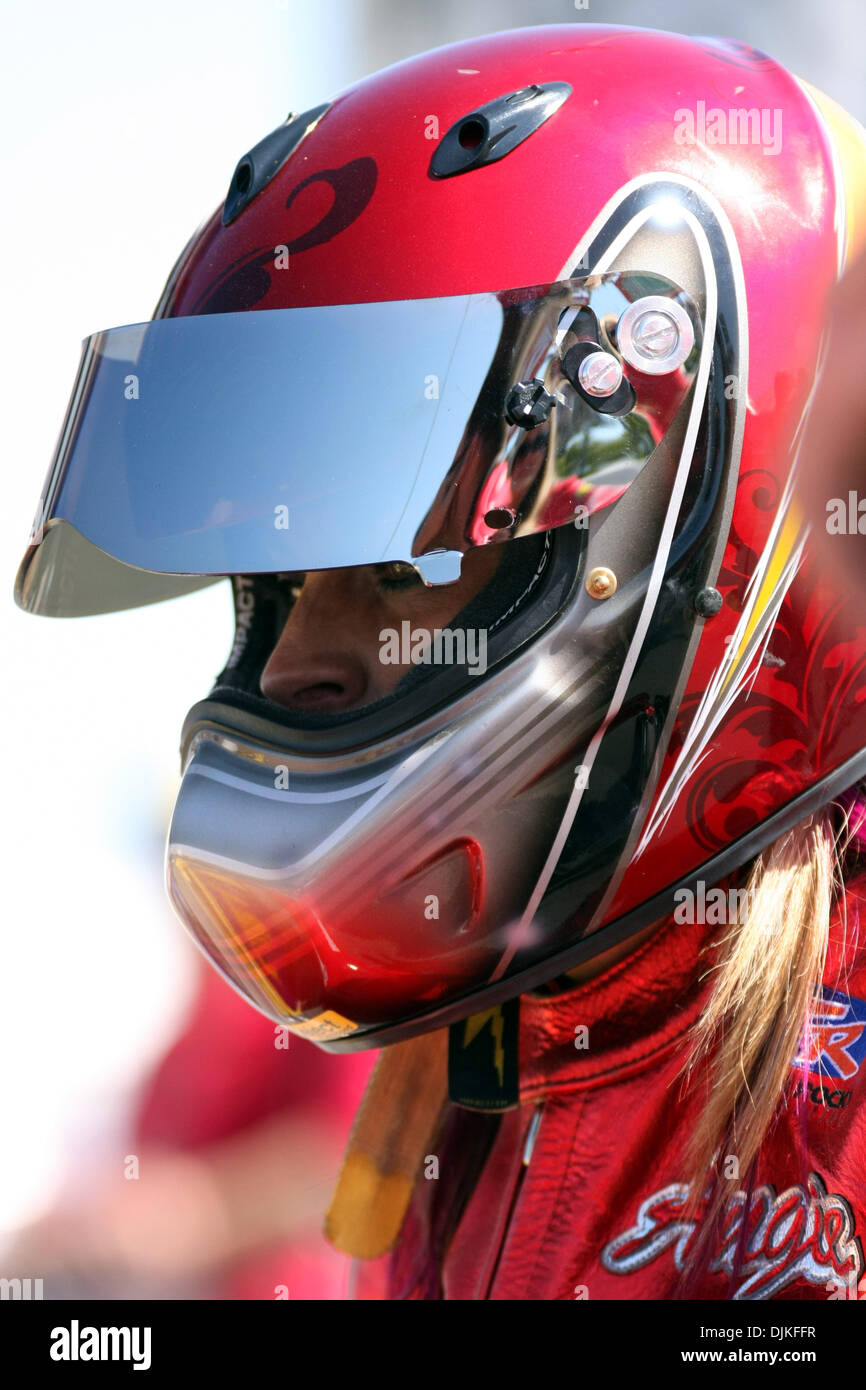 Sept. 5, 2010 - Indianapolis, Indiana, United States of America - 05 September2010: Angie Smith looks down the track before staging her motorcycle. The U.S. Nationals were held at O'Reilly Raceway Park in Indianapolis, Indiana. (Credit Image: © Alan Ashley/Southcreek Global/ZUMApress.com) Stock Photo