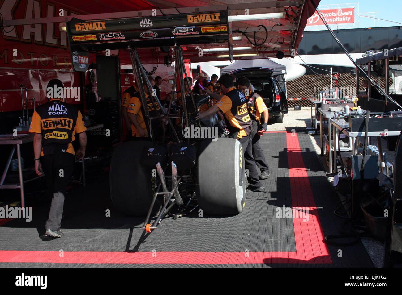 Sept. 5, 2010 - Indianapolis, Indiana, United States of America - 05 September2010: The crew for Doug Kalitta's dragster do some work on the car. The U.S. Nationals were held at O'Reilly Raceway Park in Indianapolis, Indiana. (Credit Image: © Alan Ashley/Southcreek Global/ZUMApress.com) Stock Photo
