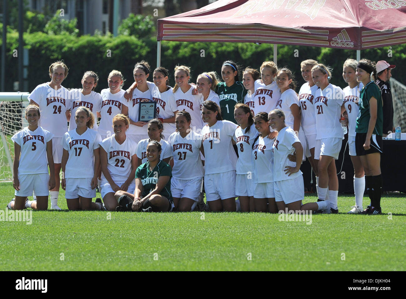 Sept. 6, 2010 - Denver, Colorado, United States of America - Denver players pose for a picture after winning the Denver Invitational. The Denver Pioneers defeated the Drake Bulldogs, 4-1, to win the Denver Invitational at CIBER Field at the Ritchie Center on the campus of the University of Denver. (Credit Image: © Andrew Fielding/Southcreek Global/ZUMApress.com) Stock Photo