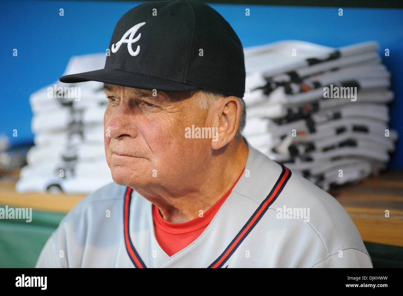 Sept. 8, 2010 - Pittsburgh, PENNSYLVANNIA, United States of America - Atlanta Braves' Manager BOBBY COX (6) looks out onto the field before the start of the game as the Pirates take on the Braves at PNC Park in Pittsburgh, PA....Atlanta Braves defeat the Pittsburgh Pirates, 9-3  (Credit Image: © Dean Beattie/Southcreek Global/ZUMApress.com) Stock Photo