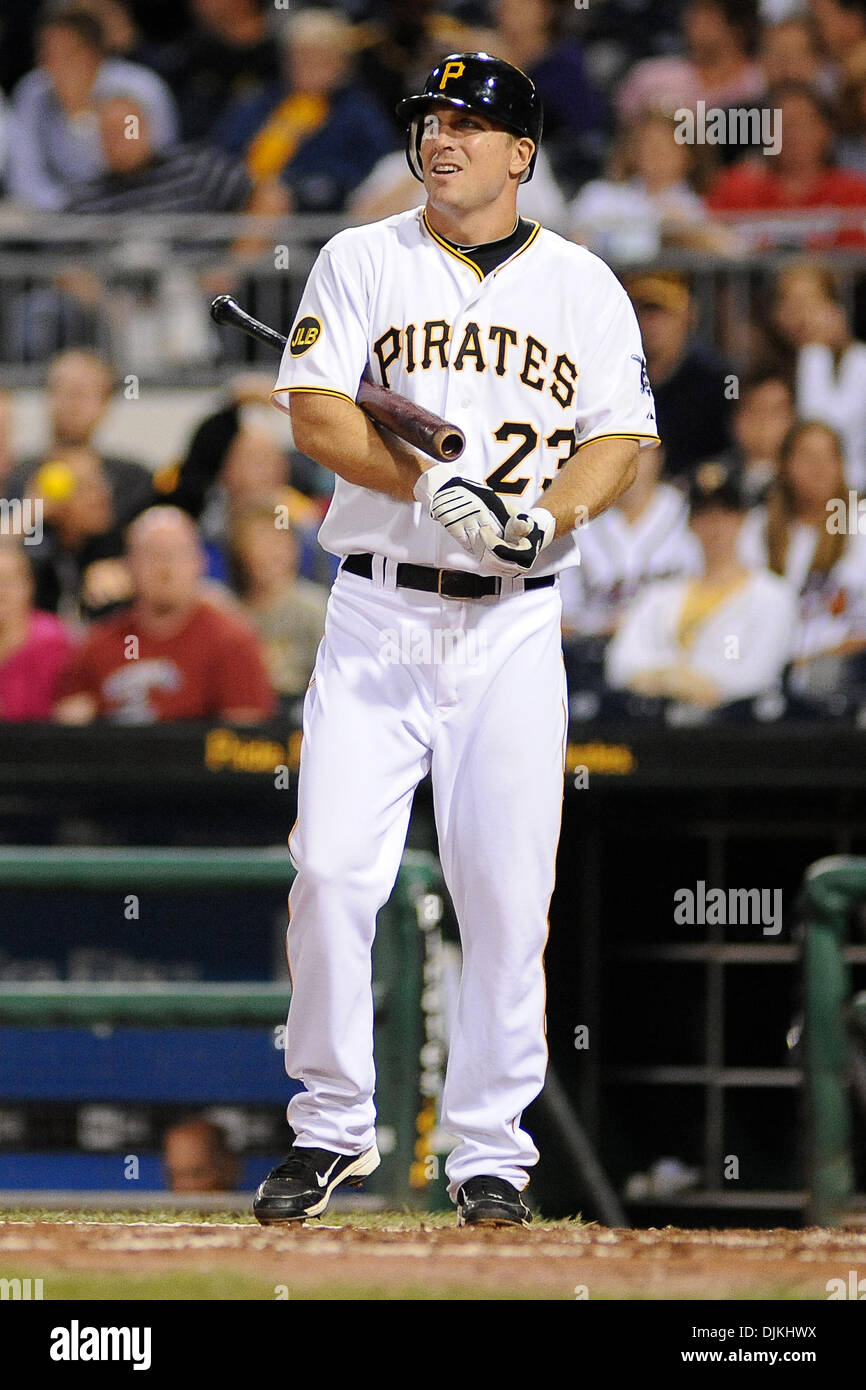 Sept. 8, 2010 - Pittsburgh, PENNSYLVANNIA, United States of America - Pittsburgh Pirates' outfielder JOHN BOWKER (23) looks up at the replay of his strike and regroups before stepping back into the batters box in the second inning as the Pirates take on the Braves at PNC Park in Pittsburgh, PA....Atlanta Braves defeat the Pittsburgh Pirates, 9-3  (Credit Image: © Dean Beattie/South Stock Photo