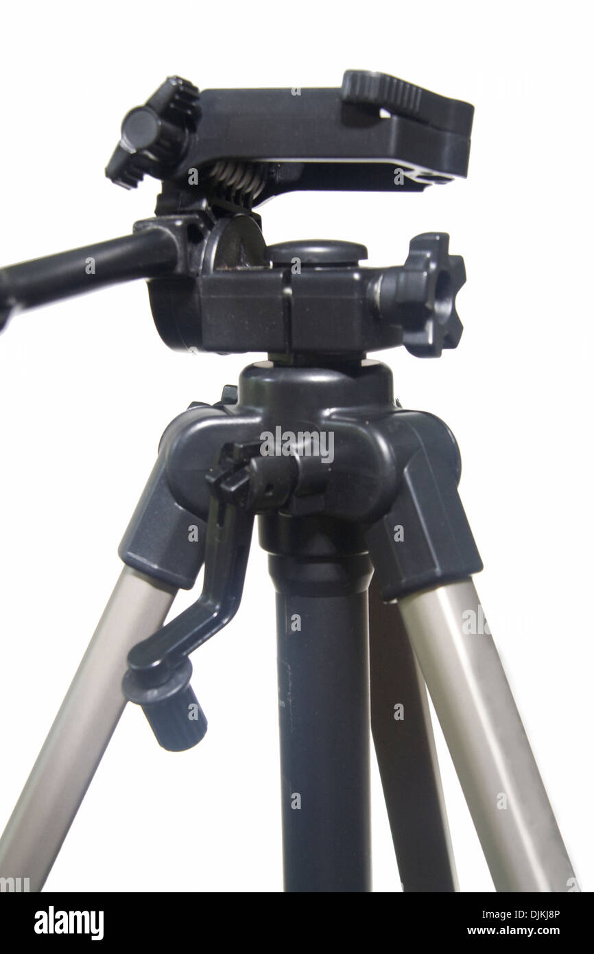 View of camera stand head featuring mounting plate, rotating levers and