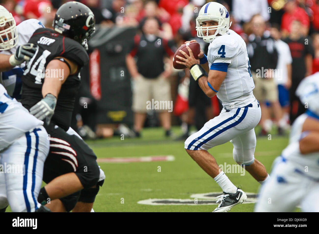 Sept. 11, 2010 - Cincinnati, Ohio, United States of America - Indiana State Sycamores quarterback Ronnie Fouch (4) during the second half of the game between the University of Cincinnati and Indiana State at Nippert Stadium, Cincinnati, Ohio. Cincinnati won with a final score of 40-7. (Credit Image: © John Longo/Southcreek Global/ZUMApress.com) Stock Photo