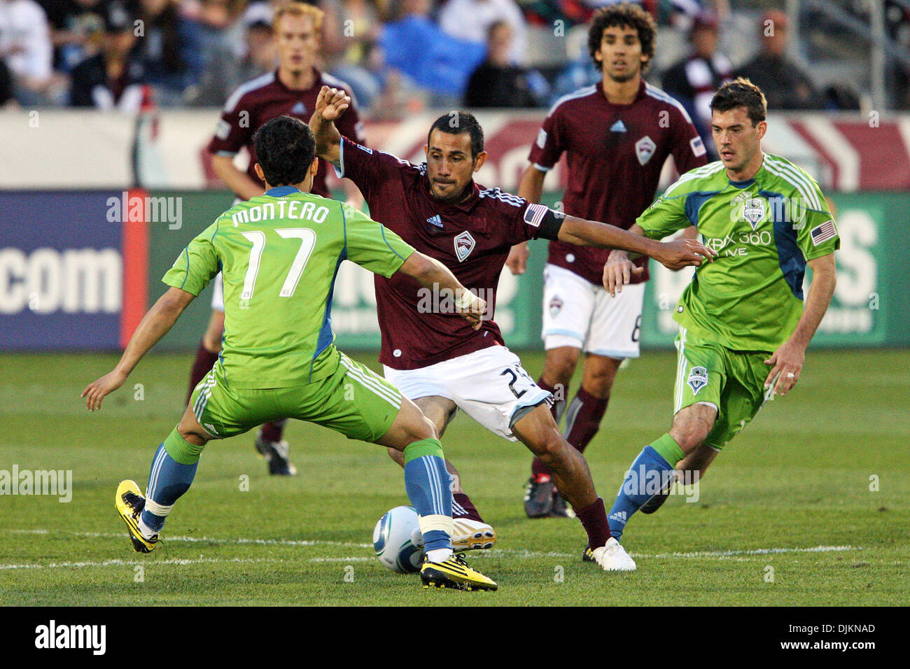 Colorado Rapids midfielder Pablo Mastroeni (25) tries to get by Seattle forward Fredy Montero during the first half at Dick's Sporting Goods Park, Commerce City, Colorado. (Credit Image: © Paul Meyer/Southcreek Global/ZUMApress.com) Stock Photo