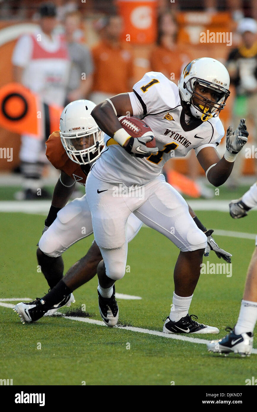 Sept. 11, 2010 - Austin, Texas, United States of America - Wyoming Cowboys wide receiver DeJay Lester (1) rushes for a first down during the game between the University of Texas and the University of Wyoming. The Longhorns defeated the Cowboys 34-7 (Credit Image: © Jerome Miron/Southcreek Global/ZUMApress.com) Stock Photo