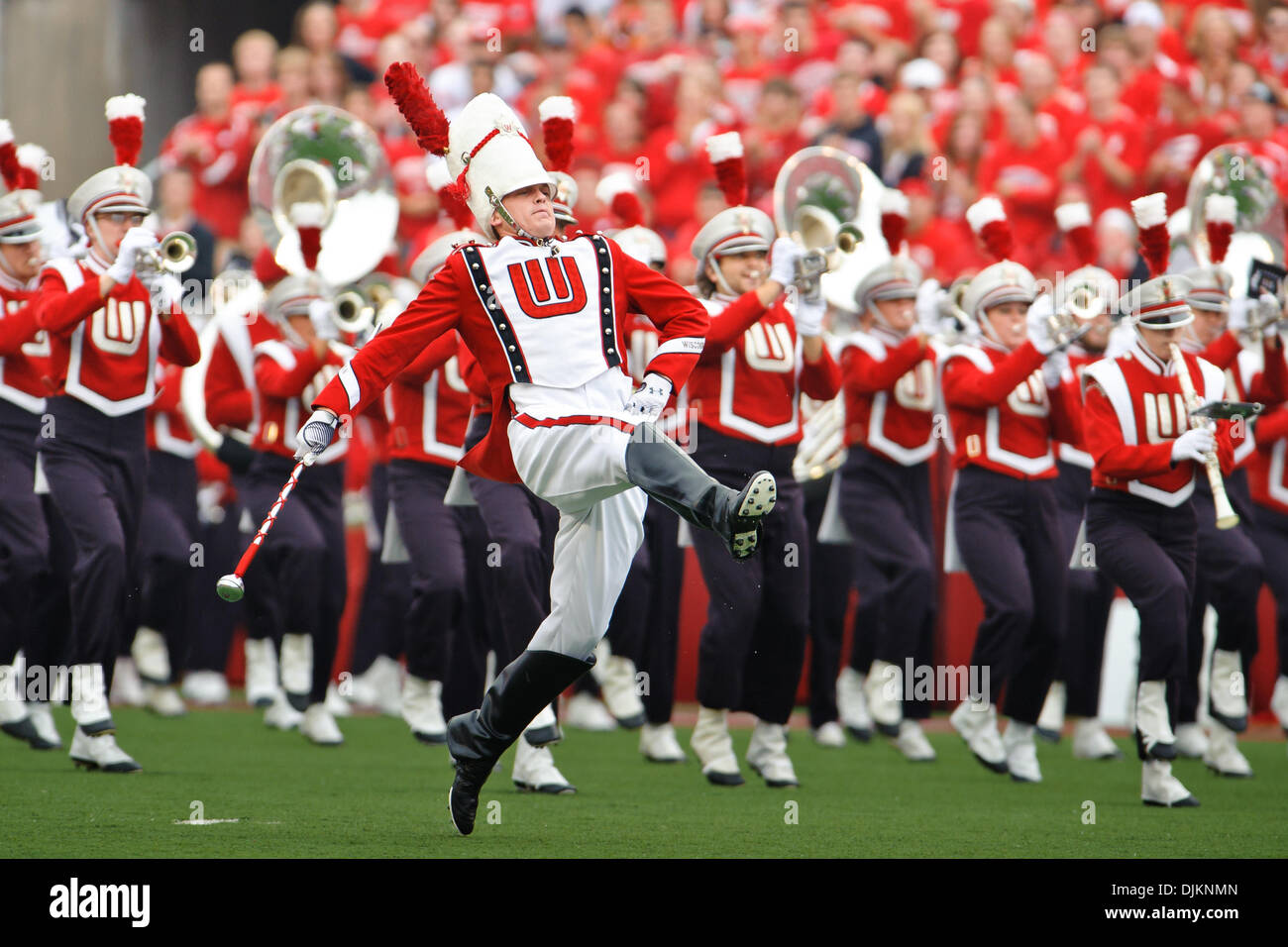 Sep. 11, 2010 - Madison, Wisconsin, United States of America - The Wisconsin marching band takes the field prior to the game between the Wisconsin Badgers and the San Jose State Spartans at Camp Randall Stadium in Madison, WI. Wisconsin defeated San Jose State 27-14. (Credit Image: © John Rowland/Southcreek Global/ZUMApress.com) Stock Photo