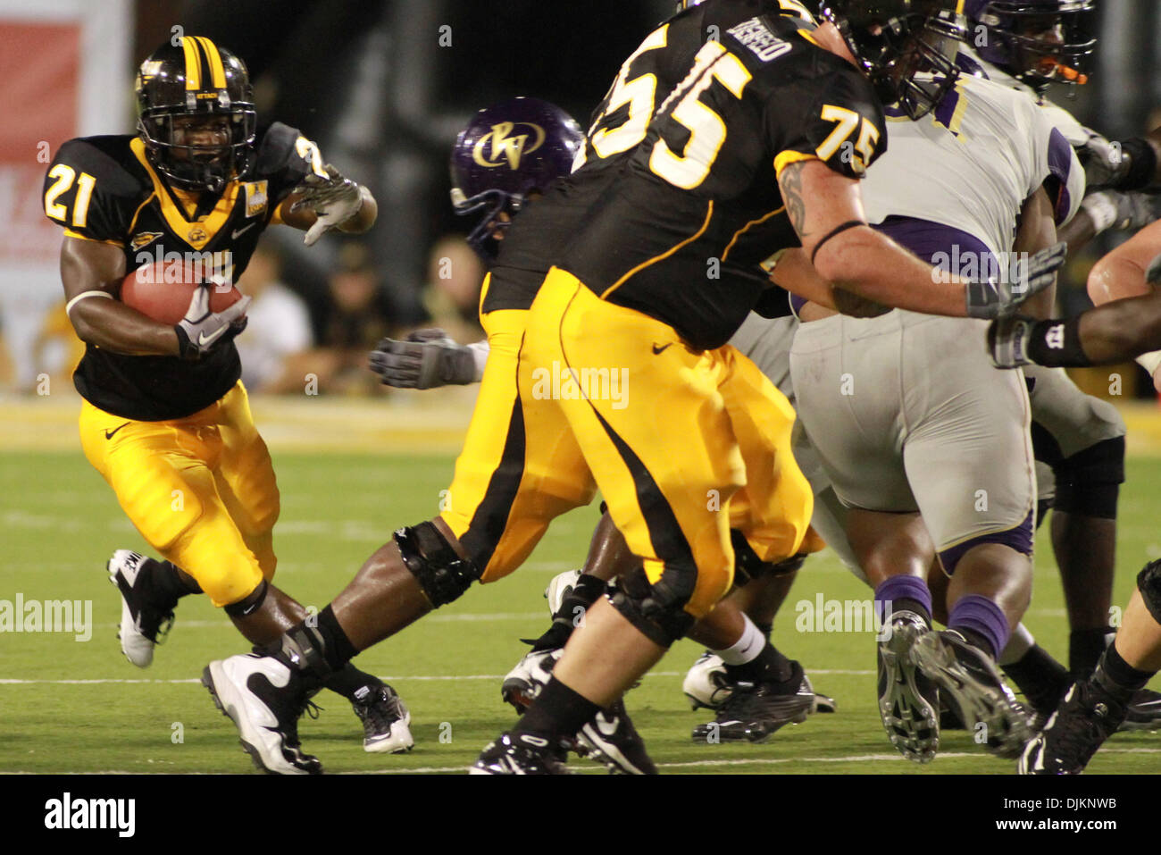 Sept. 11, 2010 - Hattiesburg, Mississippi, United States of America - Southern Miss RB Jeremy Hester (21) runs around the corner during Southern Miss win over Prairie View A&M 34-7 in the game at the M.M. Roberts Stadium. (Credit Image: © Collin Hays/Southcreek Global/ZUMApress.com) Stock Photo