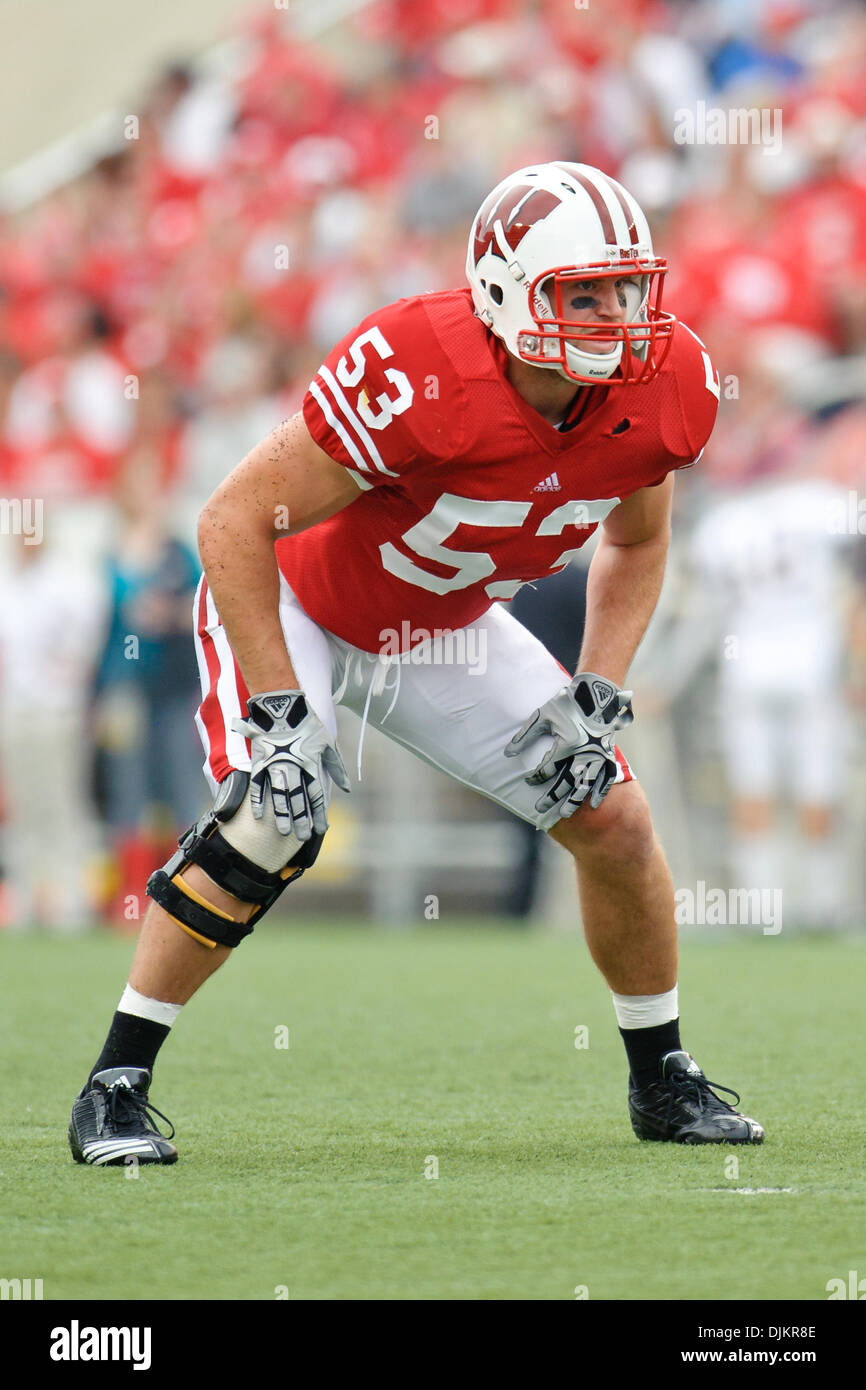 Sep. 11, 2010 - Madison, Wisconsin, United States of America - Wisconsin linebacker Mike Taylor (53) during the game between the Wisconsin Badgers and the San Jose State Spartans at Camp Randall Stadium in Madison, WI. Wisconsin defeated San Jose State 27-14. (Credit Image: © John Rowland/Southcreek Global/ZUMApress.com) Stock Photo
