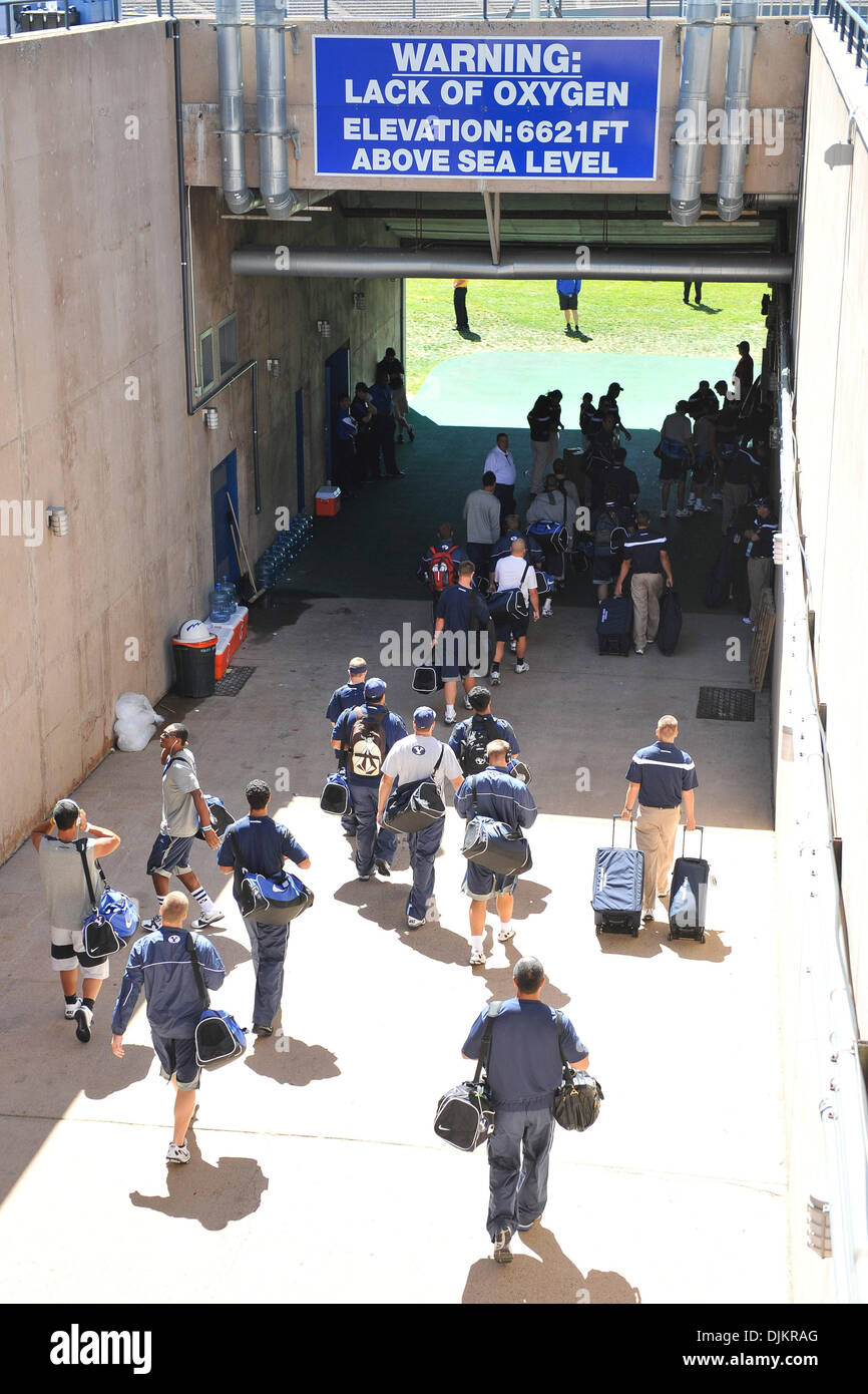 Sept. 11, 2010 - Colorado Springs, Colorado, United States of America - BYU players pass a sign warning of the lack of oxygen due to the altitude as they head to the locker room. The Air Force Academy Falcons faced the BYU Cougars in a conference matchup at Falcon Stadium. (Credit Image: © Andrew Fielding/Southcreek Global/ZUMApress.com) Stock Photo
