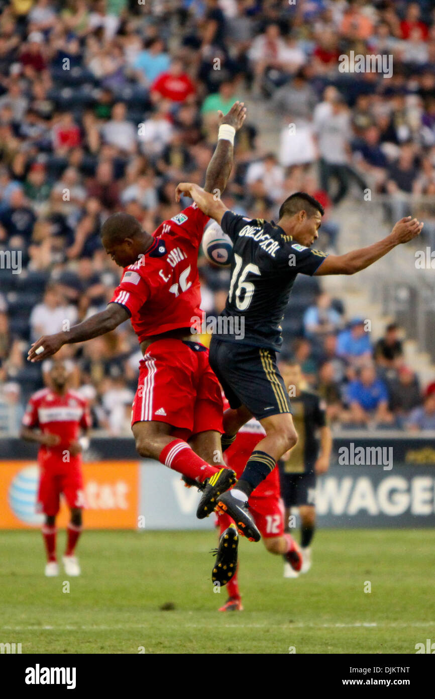 Sept. 11, 2010 - Chester, Pennsylvania, United States of America - Chicago Fire forward Collins John (#15) goes up for the ball against Philadelphia Union defender Michael Orozco Fiscal (#16) during the match at PPL Park in Chester, PA. The Union earned their first shut out, winning 1-0. (Credit Image: © Kate McGovern/Southcreek Global/ZUMApress.com) Stock Photo