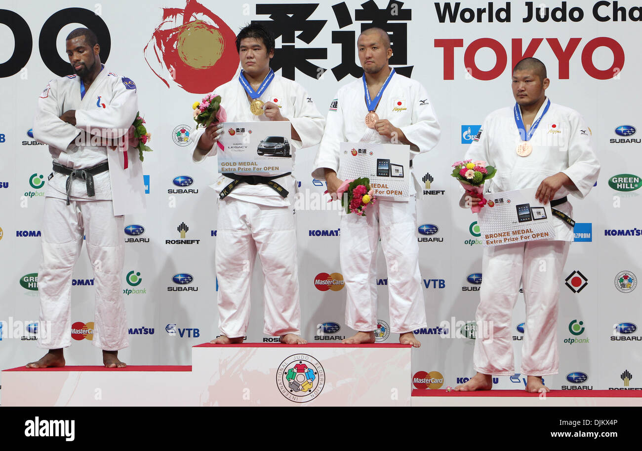 Sept. 13, 2010 - Tokyo, Japan - (L to R) 2nd place winner TEDDY RINER of France, winner DAIKI KAMIKAWA of Japan, 3rd place winners KEIJI SUZUKI and HIROKI TACHIYAMA of Japan pose for photographs after competing in the Men's open category during the World Judo Championships Tokyo 2010 at the Yoyogi National Gymnasium in Tokyo, Japan. (Credit Image: © Junko Kimura/Jana/ZUMApress.com) Stock Photo