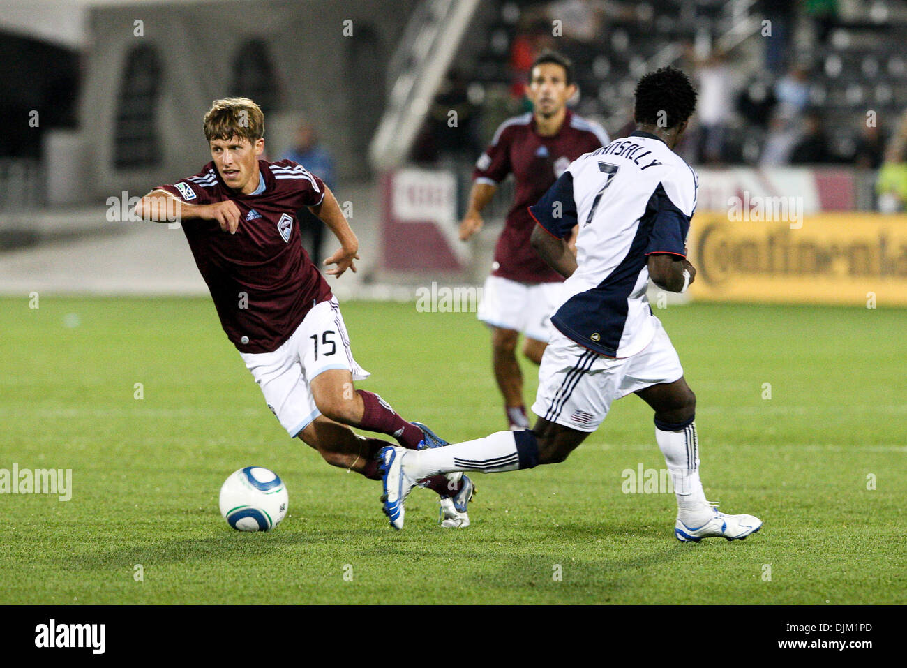 Sept. 18, 2010 - Commerce City, Colorado, United States of America - Wells Thompson of the Rapids (15) dribbles away from Revolution's Kenny Mansally (7) at Dick's Sporting Goods Park in Commerce City, Colorado.  Colorado won the game 3-0. (Credit Image: © Evan Meyer/Southcreek Global/ZUMApress.com) Stock Photo