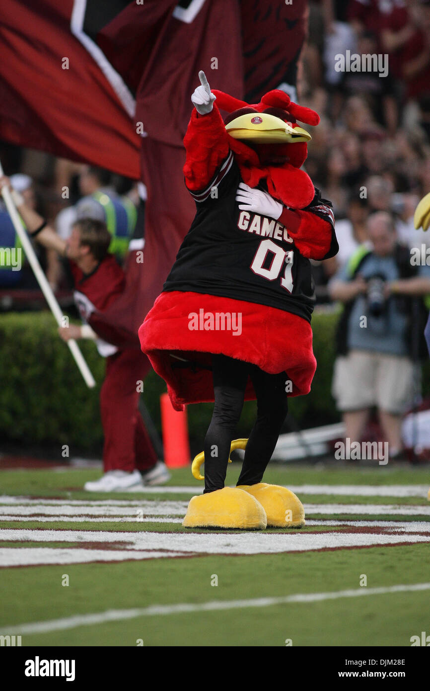 Sept. 18, 2010 - Columbia, South Carolina, United States of America - South Carolina Gamecocks mascot Cocky gets the crowd cheering after a South Carolina touchdown in the first half in the game against the Furman Paladins. The South Carolina Gamecocks defeated the Furman Paladins 38-19 in Columbia, South Carolina. (Credit Image: © Jeremy Brevard/Southcreek Global/ZUMApress.com) Stock Photo