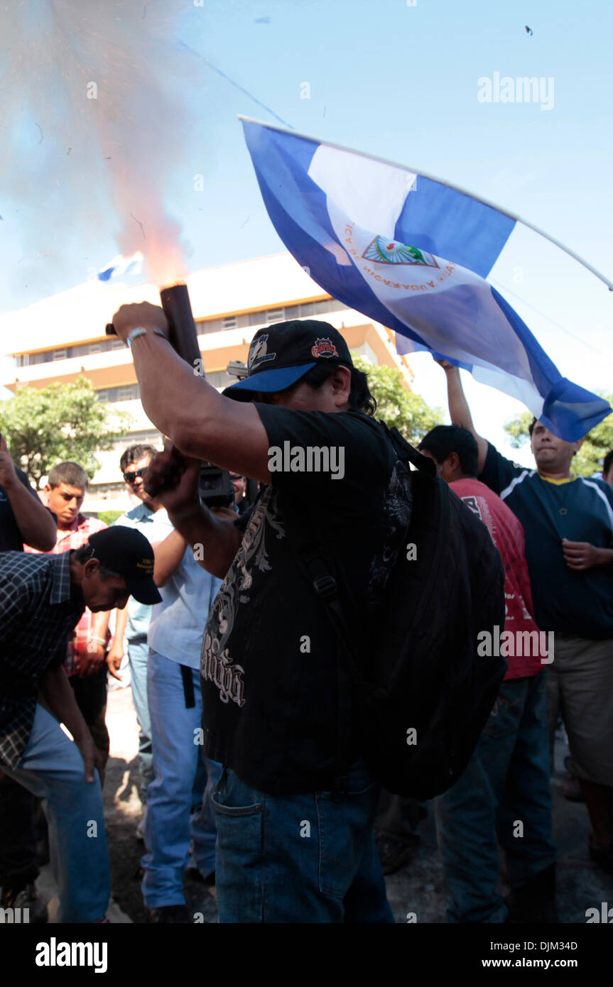 Managua, Nicaragua. 28th Nov, 2013. Demonstrators participate in a march towards the National Assembly, led by the Movement for Nicaragua, against the proposal of the partial reform of the Constitution, in Managua, capital of Nicaragua, on Nov. 28, 2013. The reform, promoted by the officialism, would give more power to President Daniel Ortega, and the military, according to the local press. Credit:  John Bustos/Xinhua/Alamy Live News Stock Photo