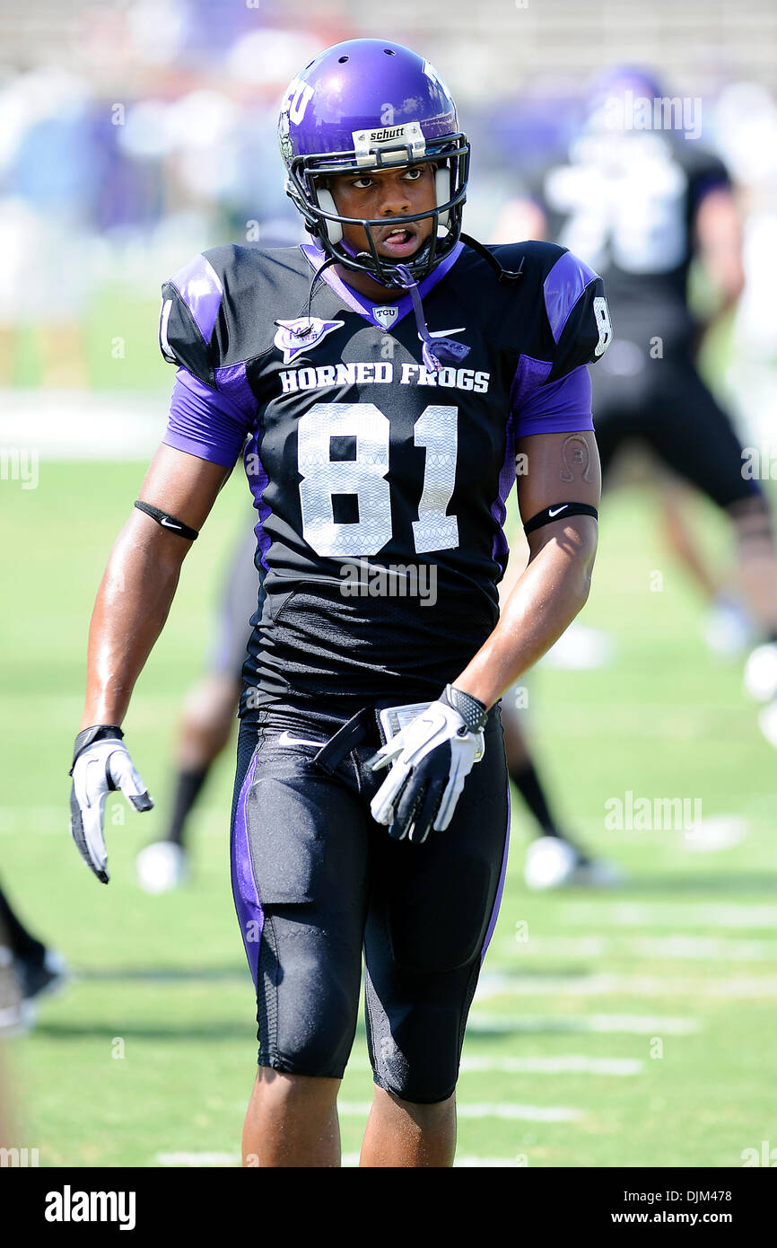 Sept. 18, 2010 - Fort Worth, Texas, United States of America - TCU Horned Frogs wide receiver Alonzo Adams (81) warms up before the game between Texas Christian University and Baylor University. The Horned Frogs defeated the Bears 45-10. (Credit Image: © Jerome Miron/Southcreek Global/ZUMApress.com) Stock Photo