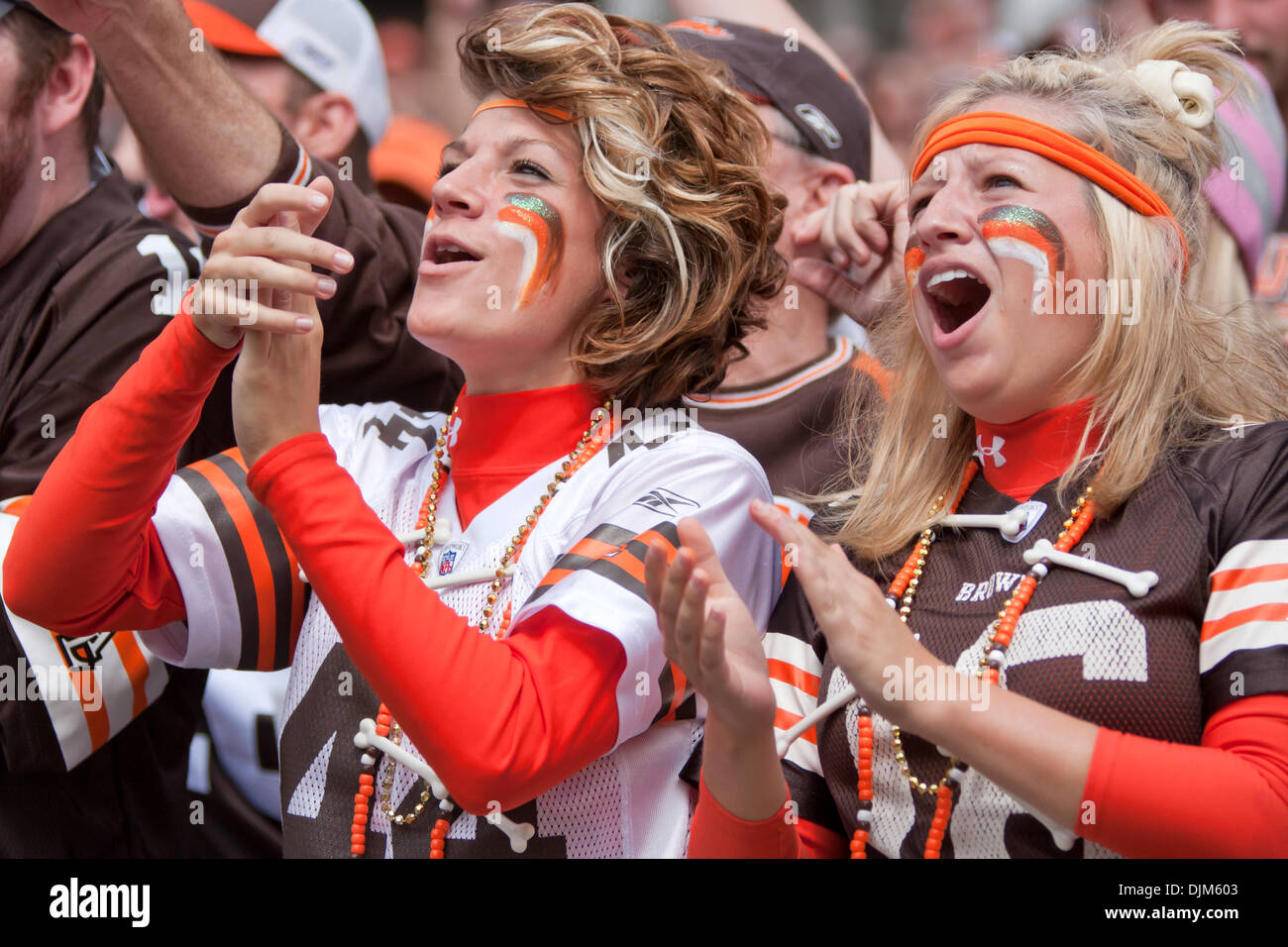 Sept. 19, 2010 - Cleveland, Ohio, United States of America - Cleveland Browns fans cheer on the Browns defense during the game against the Kansas City Chiefs.  The Kansas City Chiefs defeated the Cleveland Browns 16-14 in the game played at Cleveland Browns Stadium in Cleveland Ohio. (Credit Image: © Frank Jansky/Southcreek Global/ZUMApress.com) Stock Photo