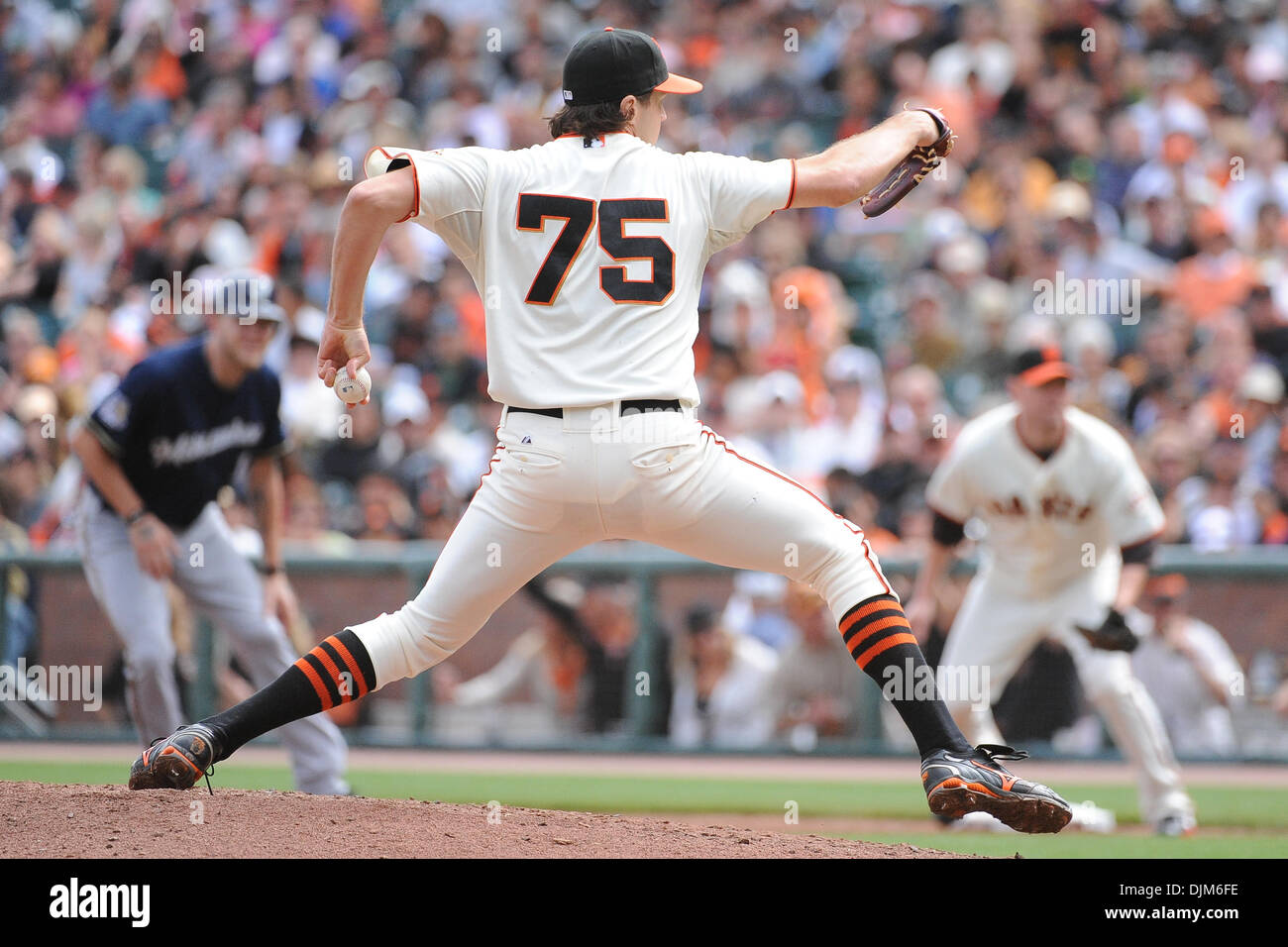 Sept. 19, 2010 - San Francisco, California, United States of America - San Francisco Giants pitcher Barry Zito (75) pitches the ball with a runner on first base. The San Francisco Giants defeated the Milwaukee Brewers 9-2. (Credit Image: © Charles Herskowitz/Southcreek Global/ZUMApress.com) Stock Photo
