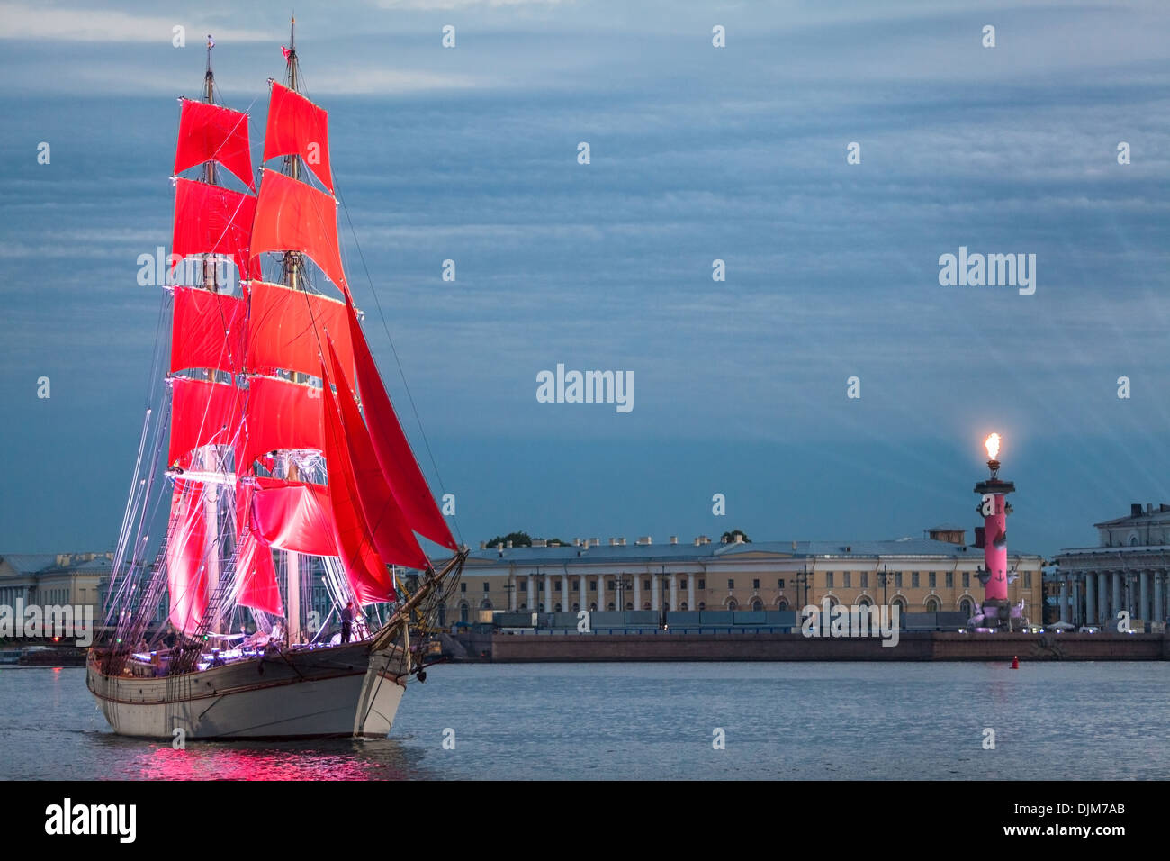 Celebration Scarlet Sails show during the White Nights Festival, St. Petersburg, Russia. Copyspace, Rostral Columns Stock Photo