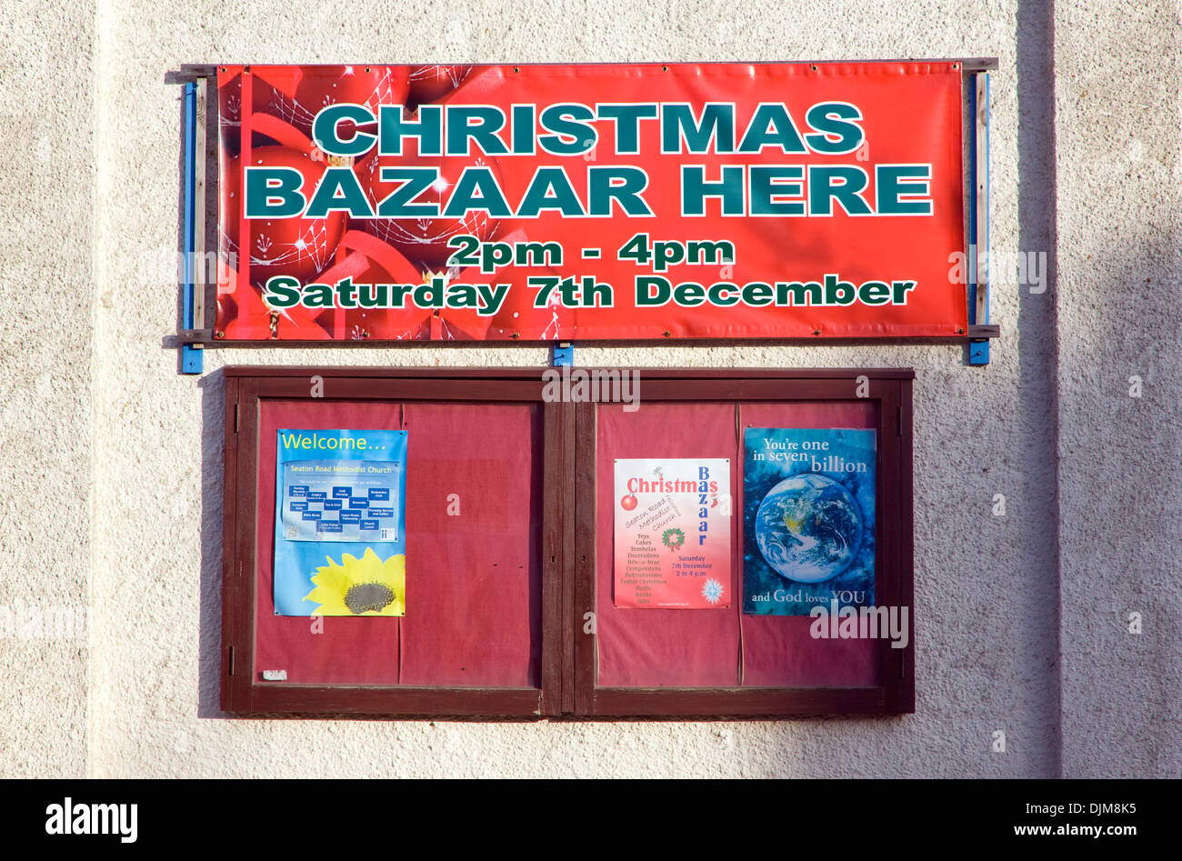 Christmas Bazaar notice on church hall at Walton, Felixstowe, Suffolk, England Stock Photo