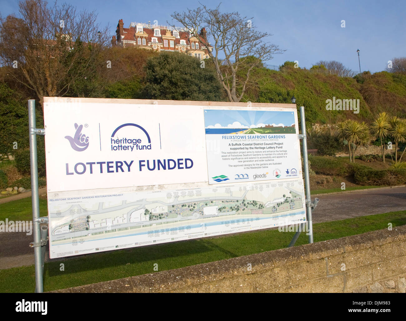 Sign for national lottery funded garden restoration project Felixstowe, Suffolk, England Stock Photo