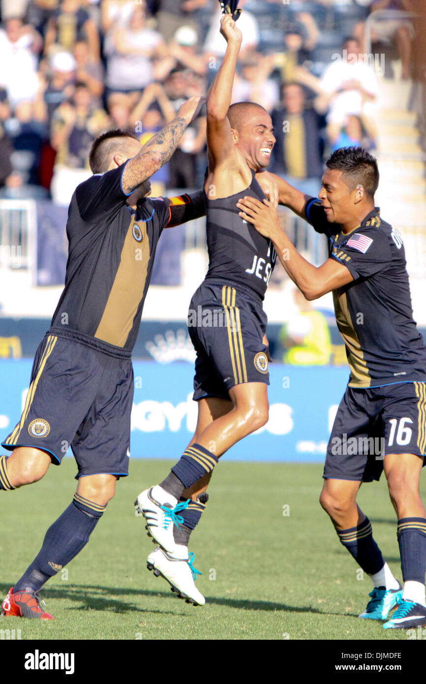 Sept. 25, 2010 - Chester, Pennsylvania, United States of America - Philadelphia Union forward Fred (#7) celebrates his goal with teammates defender Danny Califf (#4) and defender Michael Orozco Fiscal (#16) during the match against Chivas USA at PPL Park in Chester, PA. The Union won 3-0. (Credit Image: © Kate McGovern/Southcreek Global/ZUMApress.com) Stock Photo