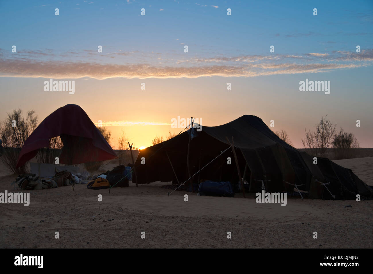 Bedouin tent at sunset - Great Oriental Erg of the desert of Sahara - Tunisia Stock Photo