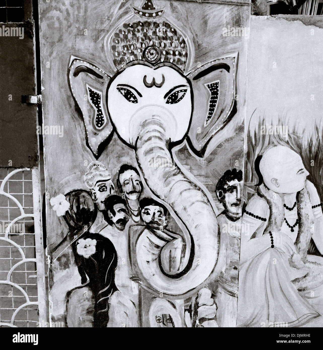 Urban street graffiti art Ganesh in Fort Kochi Cochin in Kerala in India in South Asia. Creativity Culture Elephant Indian History Surreal Travel Stock Photo