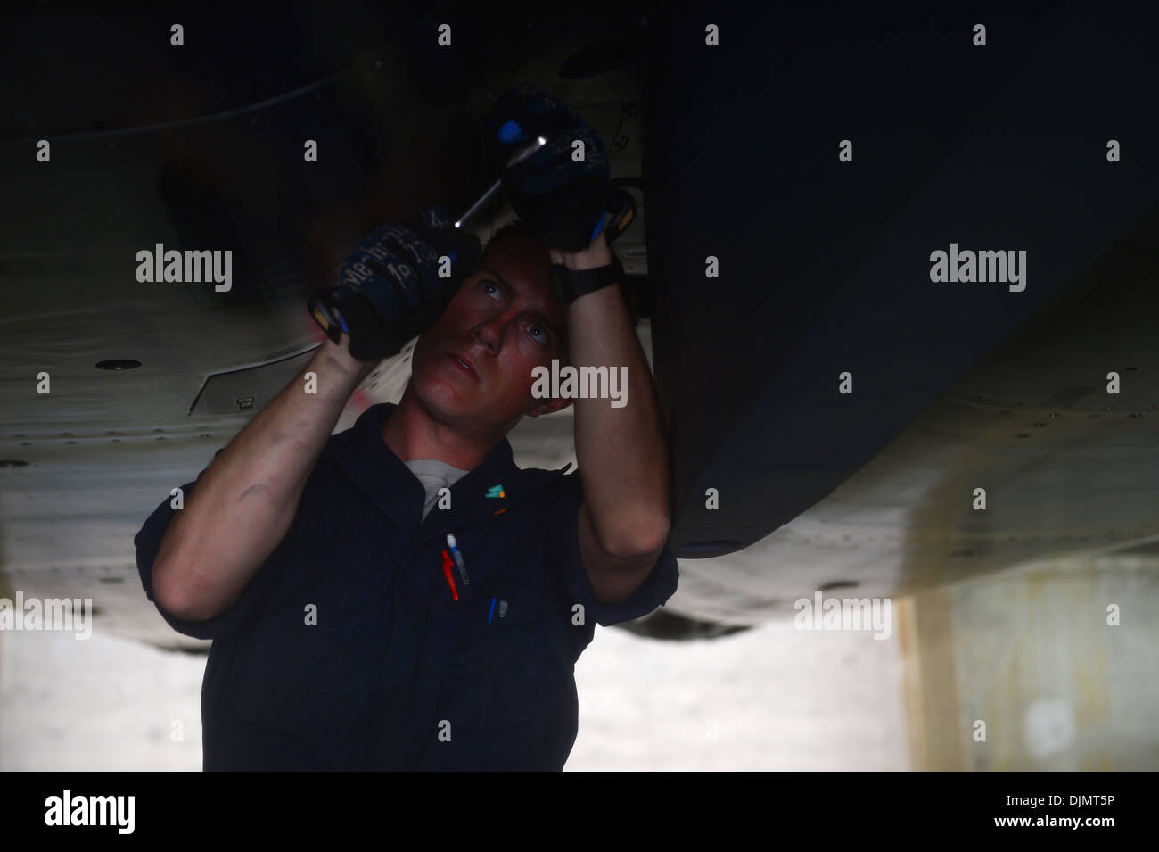 Airman 1st Class Colby Dean, 48th Aircraft Maintenance Squadron crew chief, conducts a post flight inspection on an F-15E Strike Stock Photo