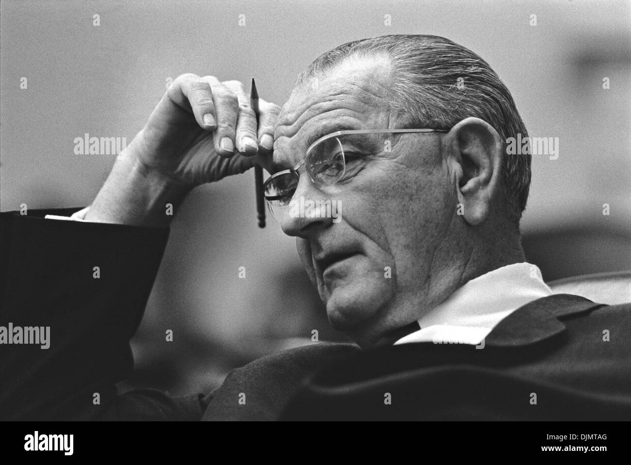 US President Lyndon B. Johnson during a meeting in the Cabinet Room of the White House June 7, 1967 in Washington, DC. Stock Photo