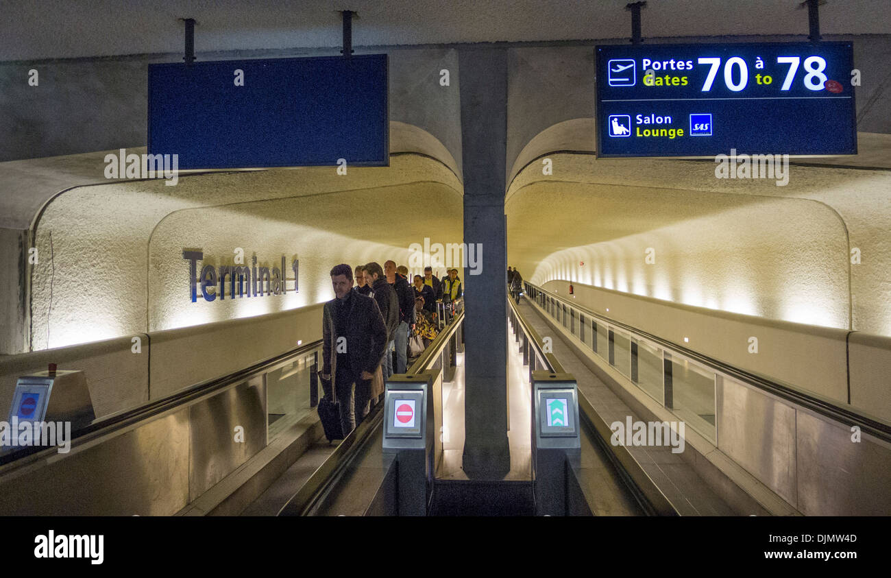 Moving walkways at Charles De Gaulle Airport outside Paris France Stock Photo