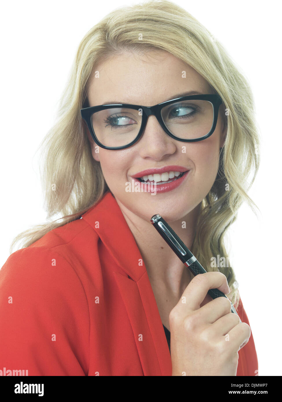 Attractive Young Business Woman Holding A Pen With A Winning Strategy Discovering The Missing Piece Of The Puzzle Against A White Background Stock Photo