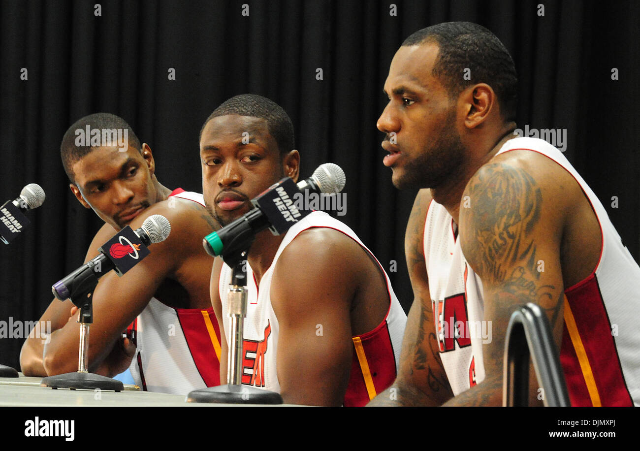 Sept. 27, 2010 - Coral Gables, FL - Florida, USA - United States - Chris Bosh, left, Dwyane Wade, center, and LeBron James, right, speak during media day Monday, Sept. 27, 2010, in Coral Gables at the BankUnited Center on the University of Miami campus in Coral Gables.  Joe Cavaretta, Sun Sentinel (Credit Image: © Sun-Sentinel/ZUMApress.com) Stock Photo