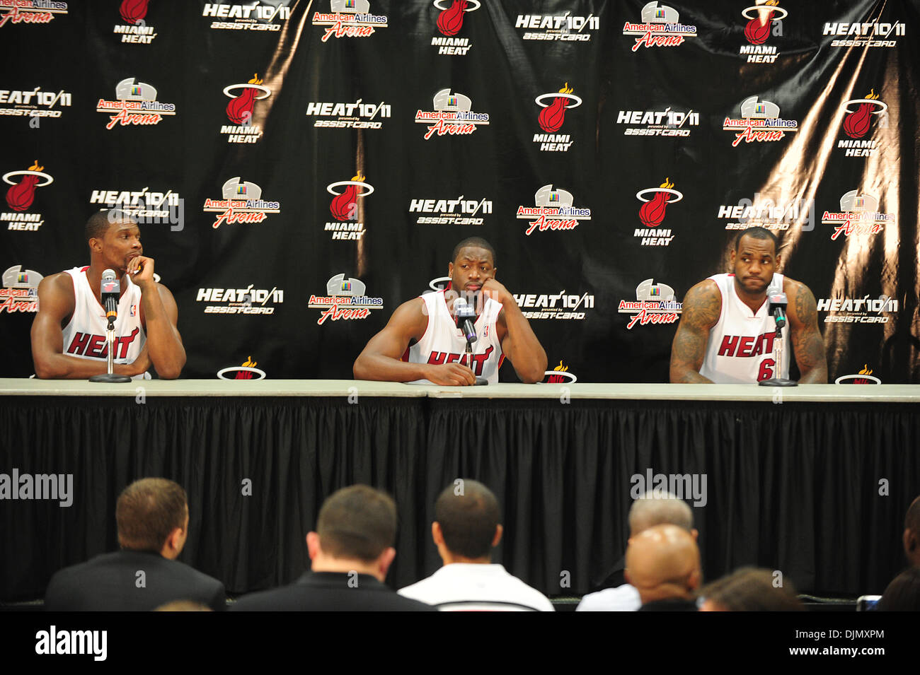 Sept. 27, 2010 - Coral Gables, FL - Florida, USA - United States - (CAV) HEAT MEDIA 0927J Chris Bosh, left, Dwyane Wade, center, and LeBron James answer questions at the BankUnited Center on the University of Miami during Miami Heat media day, Monday, Sept. 27, 2010, in Coral Gables.  Joe Cavaretta, Sun Sentinel ORG XMIT: S-S1009271438264732 (Credit Image: © Sun-Sentinel/ZUMApress. Stock Photo