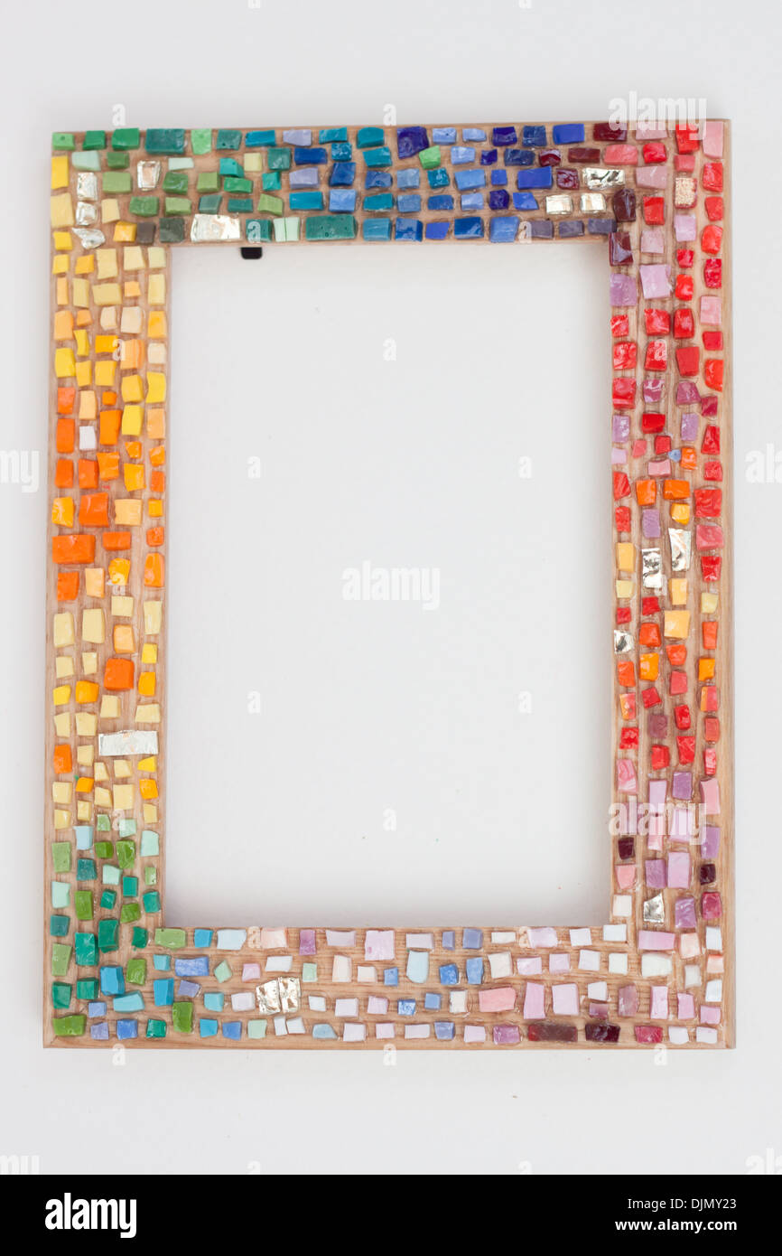 Photo frame handmade oа smalti 'Italian mosaic' colorful mosaic glass, isolated white backgrond, close-up Stock Photo