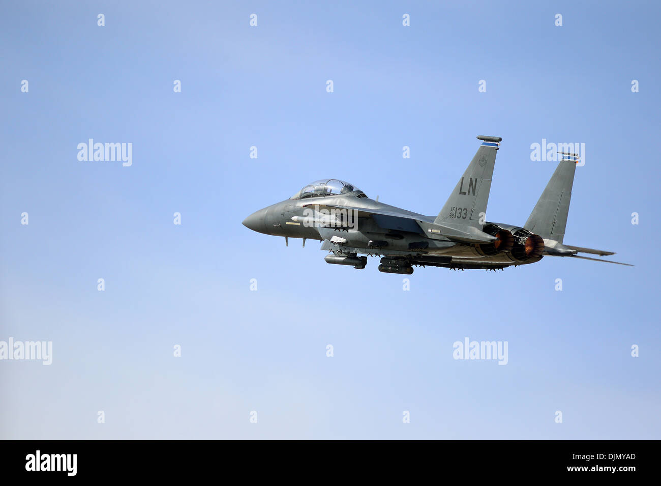 An F-15E Strike Eagle soars above Uvda Air Force Base, Israel during the Blue Flag exercise Nov. 27, 2013. Aircraft from the 492nd Fighter Squadron, Royal Air Force Lakenheath deployed to participate in the exercise, which promoted improved operational ca Stock Photo