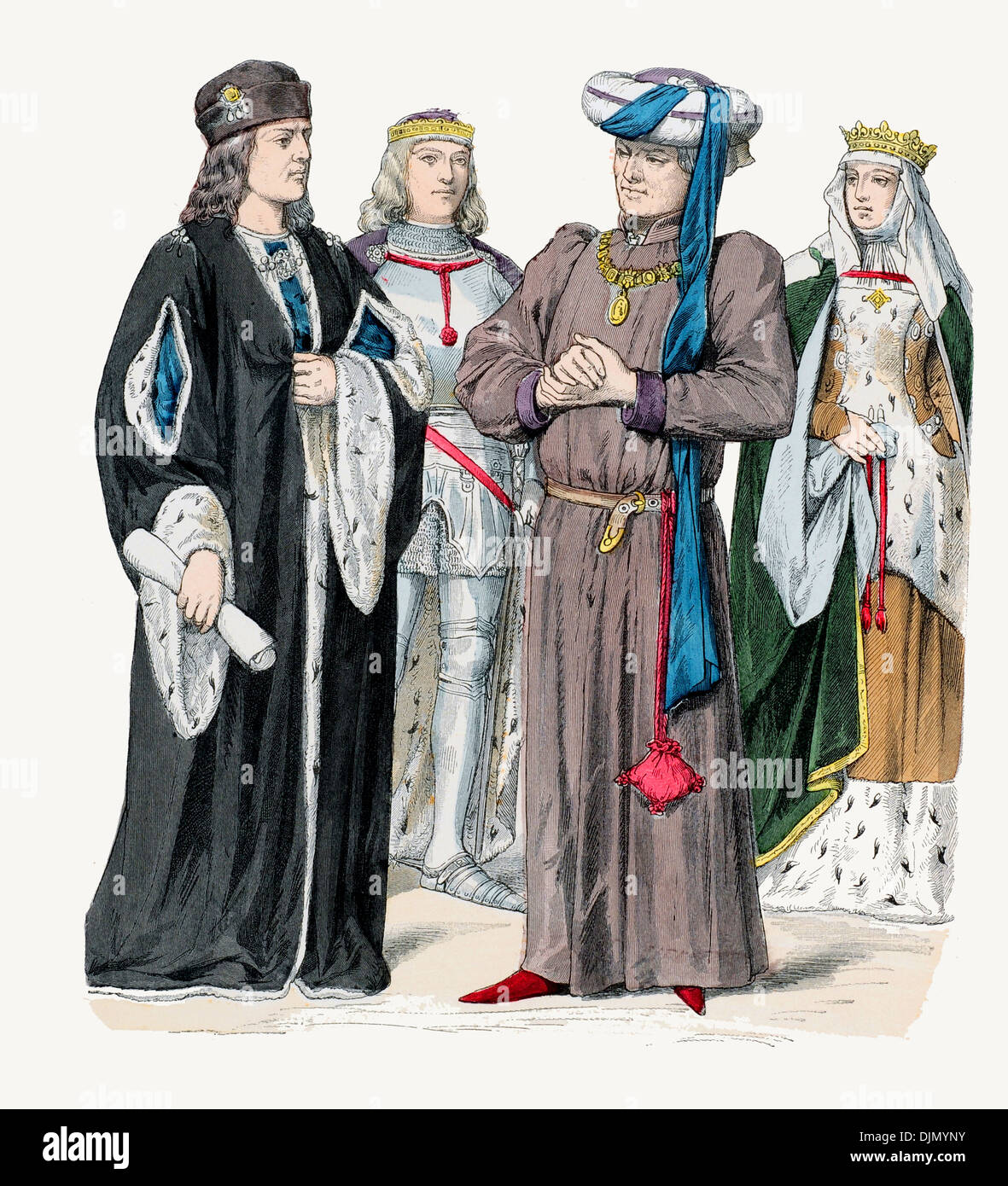 15th Century XV English costume of the Nobility Left to right King