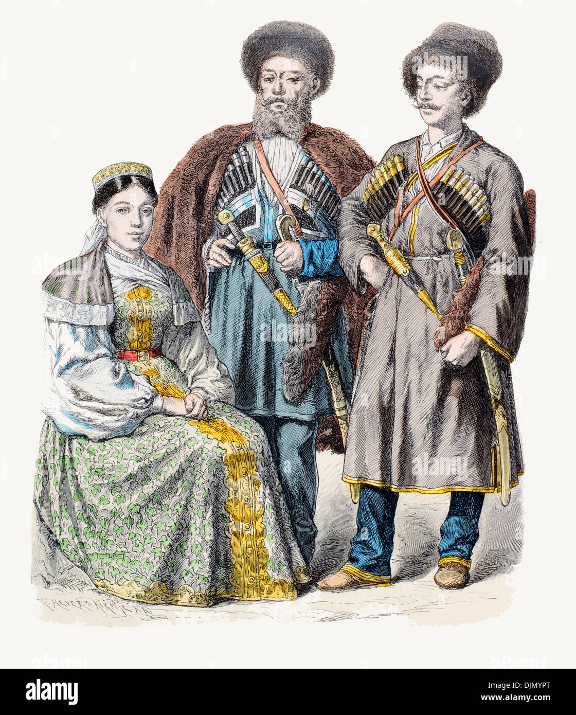 19th century XIX Caucasian people from  (Left to right) Cossack girl of Tchernaya, cossack of the Line and man from Kabardah Stock Photo