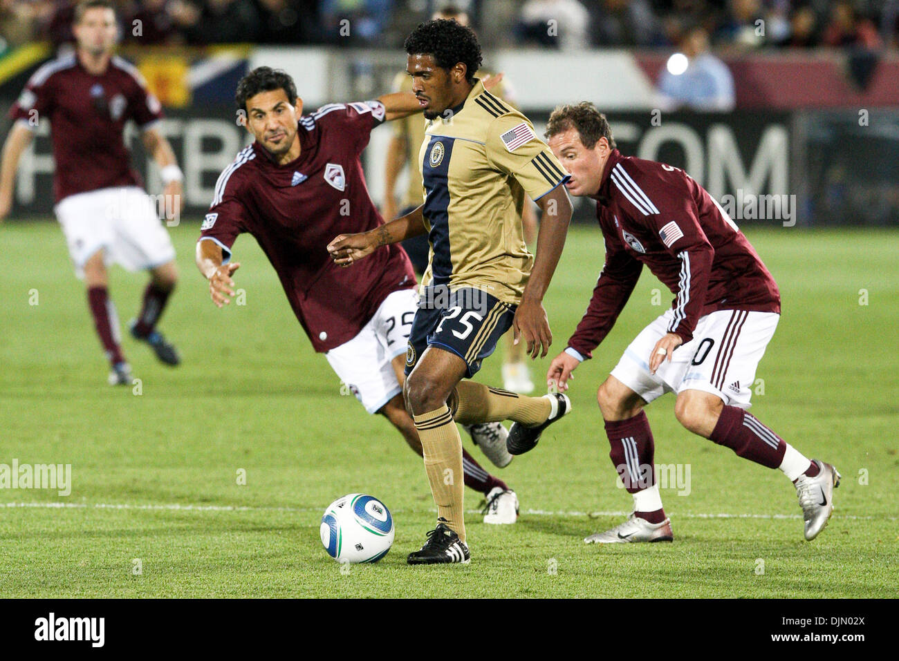 Sept. 29, 2010 - Commerce City, Colorado, United States of America - Rapids midfielder Pablo Mastroeni (25) tries to take the ball from Union midfielder Sheanon Williams (25) during the first half at Dick's Sporting Goods Park in Commerce City, Colorado.  Colorado was leading 2-0 at halftime. (Credit Image: © Evan Meyer/Southcreek Global/ZUMApress.com) Stock Photo